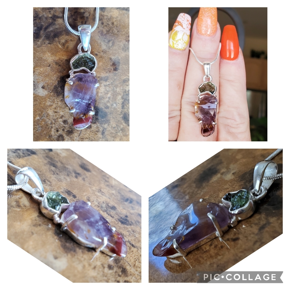 Genuine Czech Moldavite & Cacoxenite Pendant Necklace - Picture 4 of 6